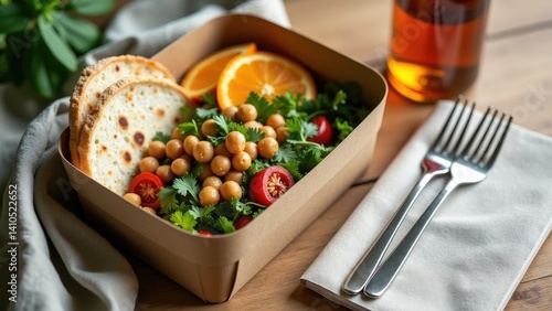 Fresh vegan salad with chickpeas, citrus, and flatbread in eco-friendly container