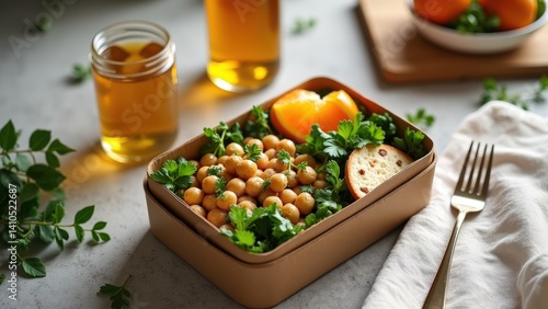 Healthy vegan lunchbox with chickpeas and fresh oranges on a rustic table