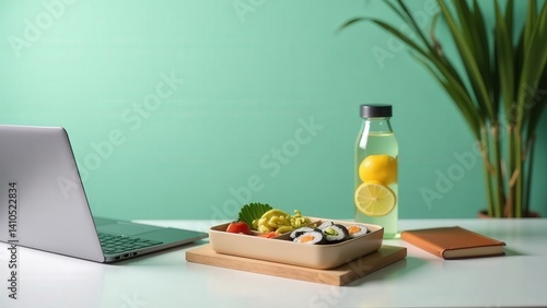 Modern workspace with sushi lunch and lemon water on minimalist desk setup