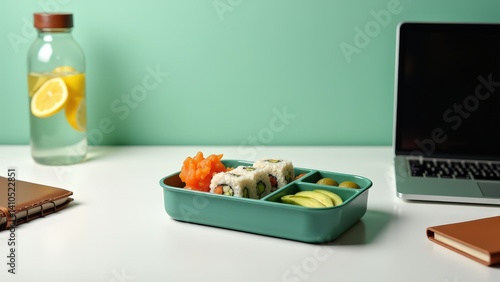 Bento box with sushi and laptop on desk in minimalist office setting