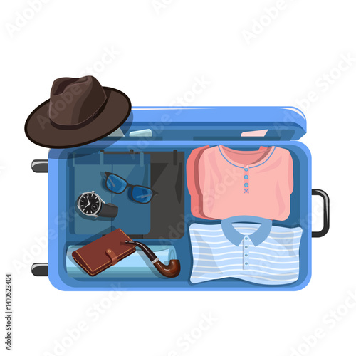 A blue suitcase open with men's clothes, isolated on a white background.A vector suitcase for summer travel designs.