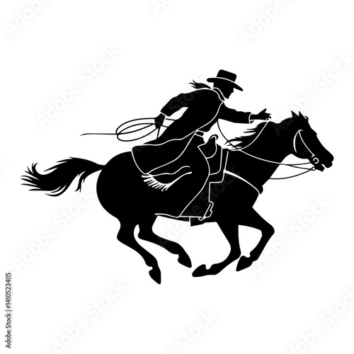 A vector silhouette of a wild west cowboy riding a running horse with swirling rope in hand