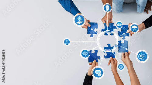 An engaging top-down view of diverse hands assembling puzzle pieces representing ethics, technology, and collaboration in decision-making for business strategy. Amity