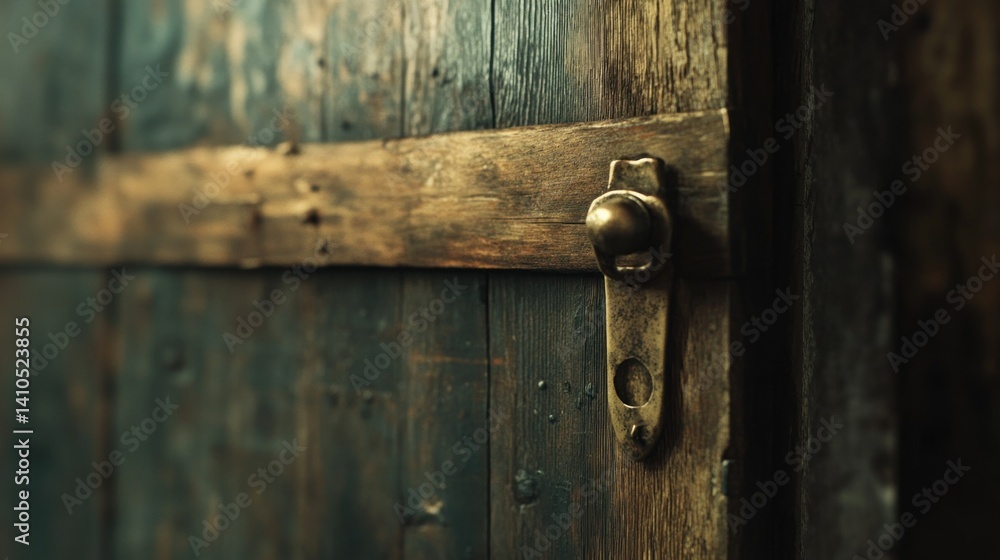 Fototapeta premium Weathered wooden door with a metal latch on the front surface