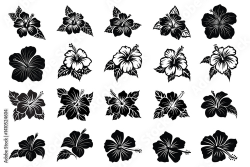 Hibiscus flower vector silhouette set , hibiscus icon Set, Tropical hibiscus bloom silhouette
