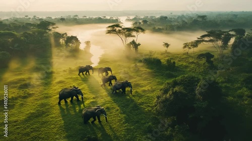 A stunning overhead drone shot of a small elephant herd trekking through the Amazon Rainforest. 