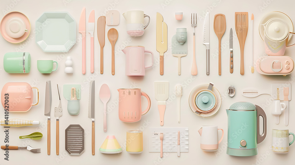 A collection of kitchen utensils and appliances, including cutlery, an electric kettle, coffee machine, mug set, wood chisel, and more, arranged in a grid on a white background. A collection of kitchen utensils and appliances, including cutlery, an electric kettle, coffee machine, mug set, wood chisel, and more, arranged in a grid on a white background.