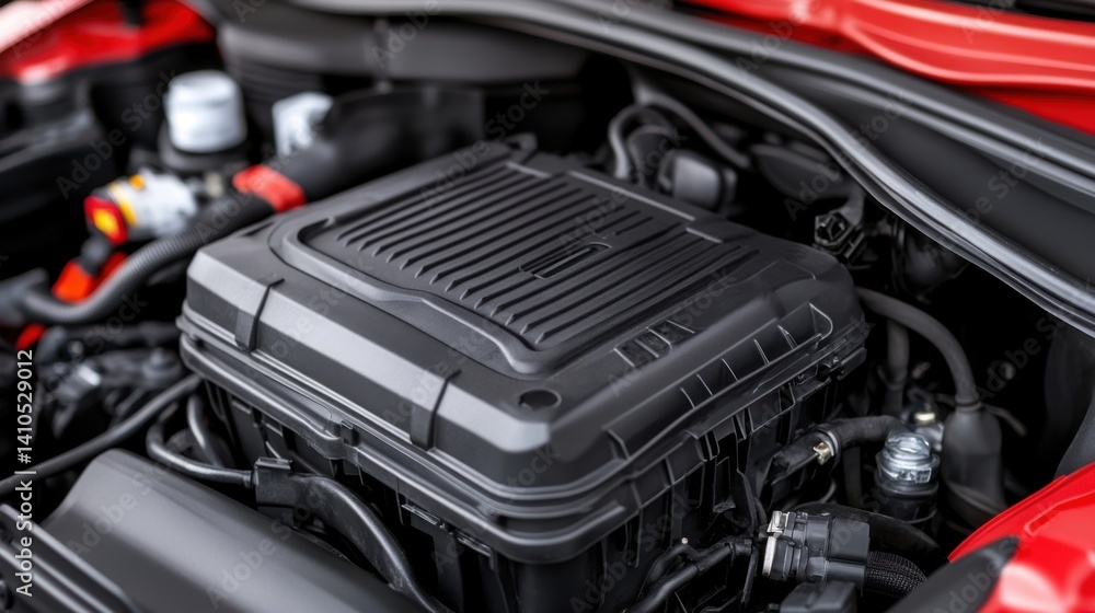 Modern Car Engine Detail with Black Plastic Cover in Red Engine Bay Showcase of Automotive Engineering Modern Car Engine Detail with Black Plastic Cover in Red Engine Bay Showcase of Automotive Engineering