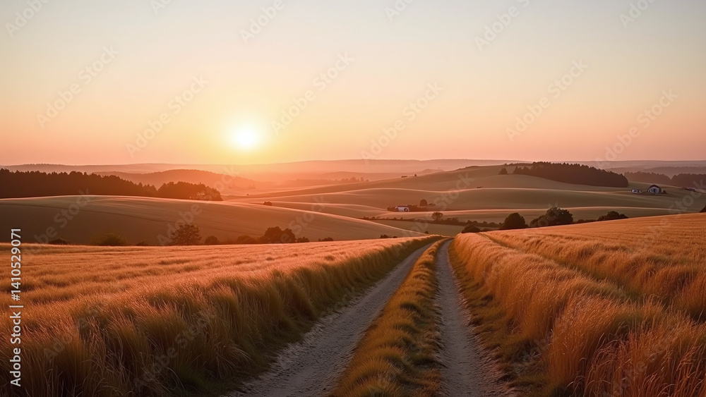 Fototapeta premium Dirt Road Through Wheat Fields at Sunset