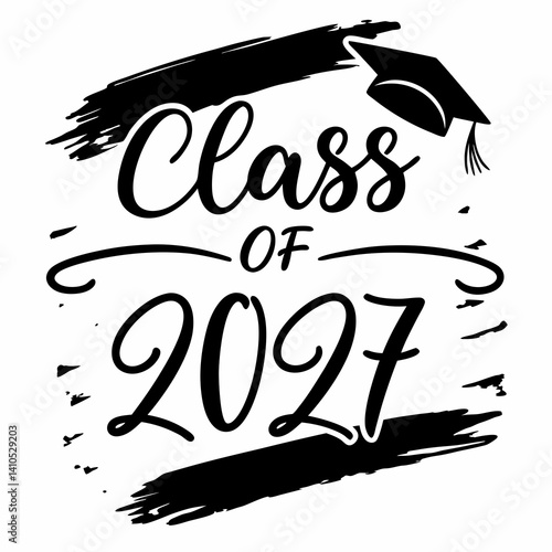 Class Of 2027 Graduation Design With Mortarboard And Brush Strokes
