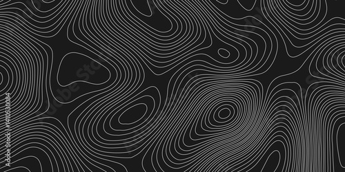 A seamless black and white topographic map pattern featuring stylized contour lines that represent elevation. This vintage-inspired design captures the classic look of outdoor maps with intricate line