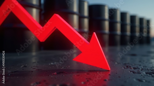 Red arrow decline with oil barrels in background indicating market downturn