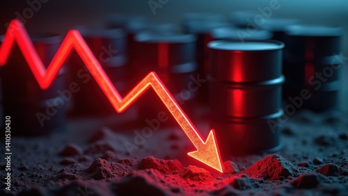 Oil price drop illustrated by red arrow and barrels on rocky ground