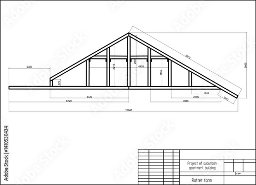 Vector architectural engineering construction
drawing of rafter farm of
private residential building with 
dimensional lines. Roof blueprint of multistory
suburban cottage on white sheet of paper.