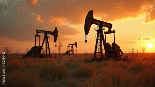 Oil pumpjacks silhouetted against sunset in desert landscape