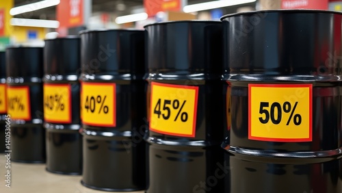 Black oil drums with discount labels in warehouse setting reflecting various percentages