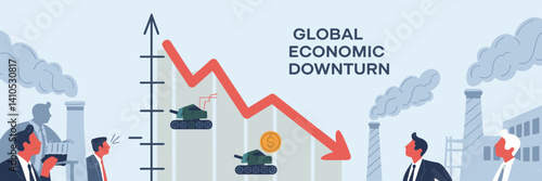 Vector illustration of global economic downturn with falling graph and economic icons – Suitable for business analysis, financial reports, or crisis management.