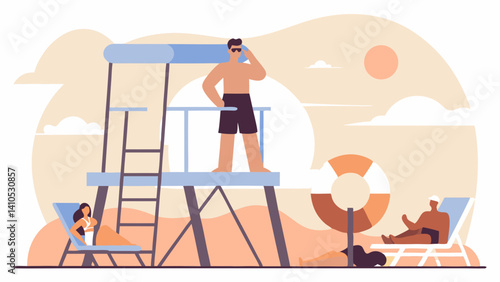 Lifeguard monitoring the beach while relaxing sunbathers enjoy the sun