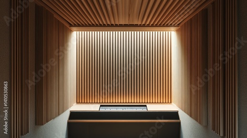 Minimalist home recording studio with acoustic foam and wood slats 