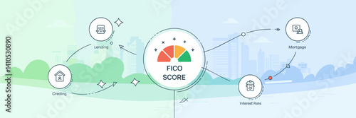 Vector illustration of interconnected financial icons with FICO score and lending elements – Perfect for credit services, mortgage campaigns, or financial advice content.