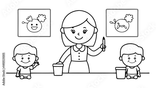 Teacher guiding children in a fun arts and crafts activity with enthusiasm