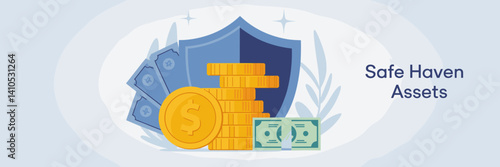 Vector illustration of "Safe Haven Assets" featuring gold coin and treasury bonds – Ideal for investment advice, financial security, or wealth management content.