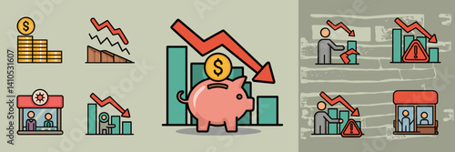 Economic recession icon set with downward-trending graph and broken piggy bank – Ideal for financial reports, economic downturn presentations, or business analysis content.
