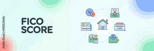 Modern vector illustration of credit, lending, and financial services featuring a "FICO score"