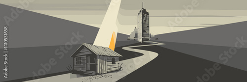 Economic inequality vector showing wealth gap between skyscraper and shack – Ideal for visualizing economic divide, poverty awareness, or wealth distribution content.