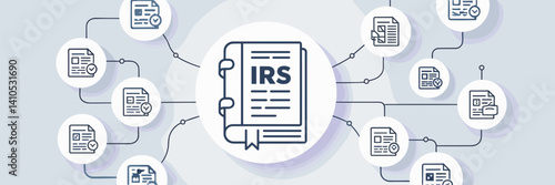 Vector illustration of taxation and accounting with IRS ledger and audit icons – Ideal for tax services, accounting advice, or financial planning content.
