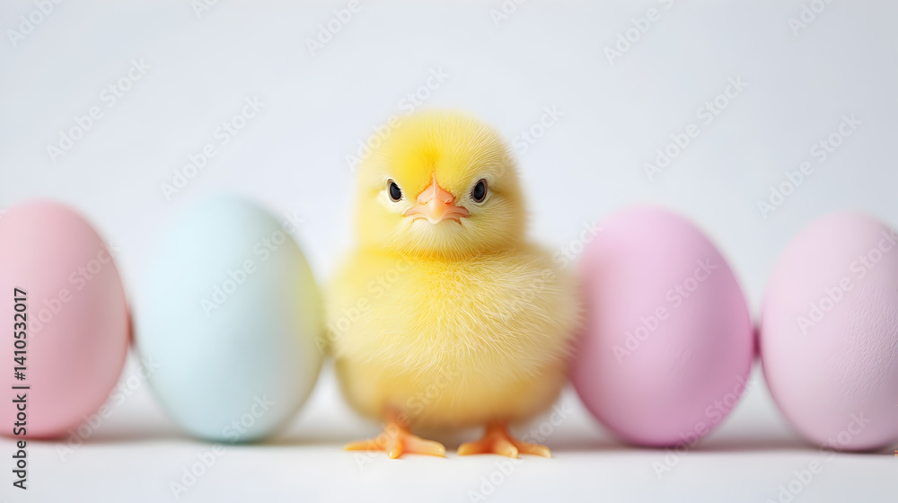 Four baby chicks standing in a row, one yellow, one blue, one pink Four baby chicks standing in a row, one yellow, one blue, one pink