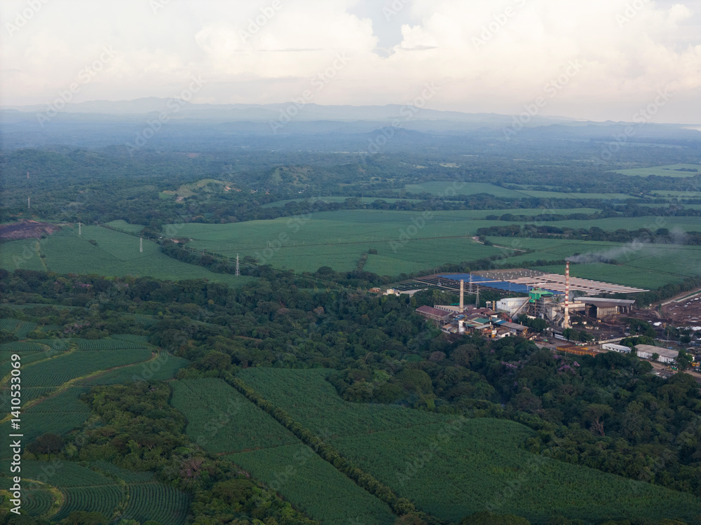 Big agriculture factory around green field