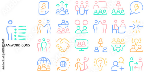 Teamwork simple concept 24 hand drawn color icons set. Contains such teamwork, innovation, color palette, flat .Vector illustration.