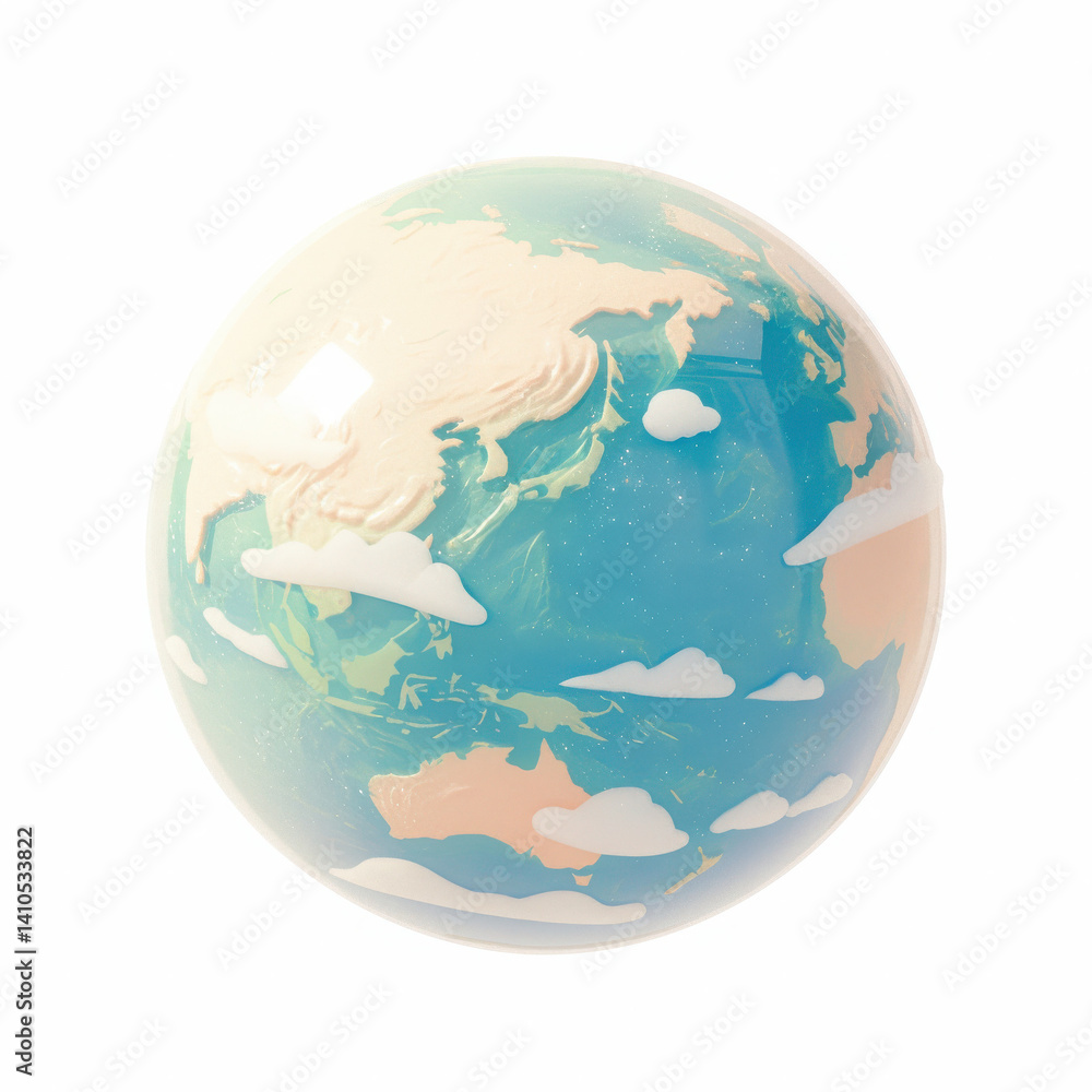 Obraz premium Globe depicting Earth, colorful continents and clouds, on white isolated background.