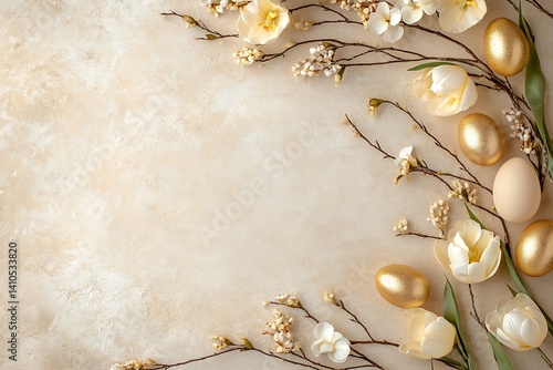 Easter-themed frame background with gold eggs, tulips, and willow branches with copy space for text