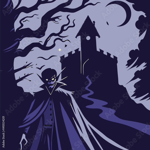 Creepy vampire with a gothic cape vector artwork, perfect for Halloween designs, horror themes, and spooky digital projects.