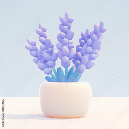 Lavender plant in a minimalistic white pot against a soft blue background.