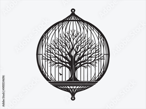 Tree of Life Inside a Cage Silhouette Symbolizing Confinement, Growth, and the Struggle for Freedom in Nature-Inspired Art