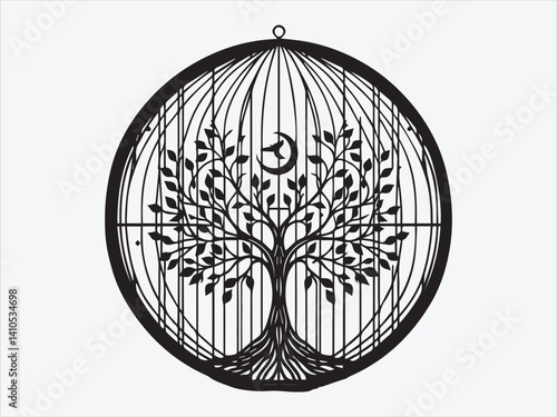 Tree of Life Inside a Cage Silhouette Symbolizing Confinement, Growth, and the Struggle for Freedom in Nature-Inspired Art