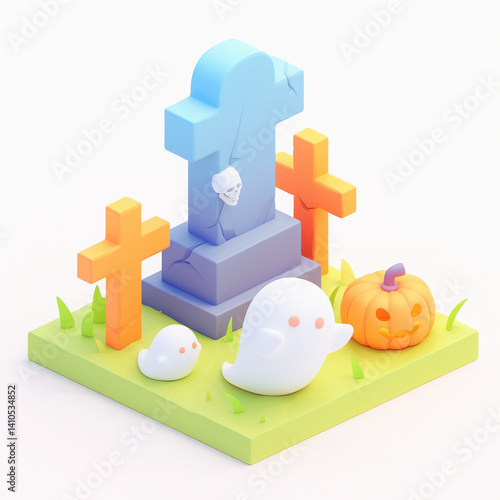 Playful Halloween scene with ghosts, pumpkin, and gravestones on a green grass base.