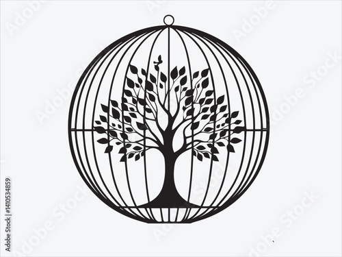 Tree of Life Inside a Cage Silhouette Symbolizing Confinement, Growth, and the Struggle for Freedom in Nature-Inspired Art