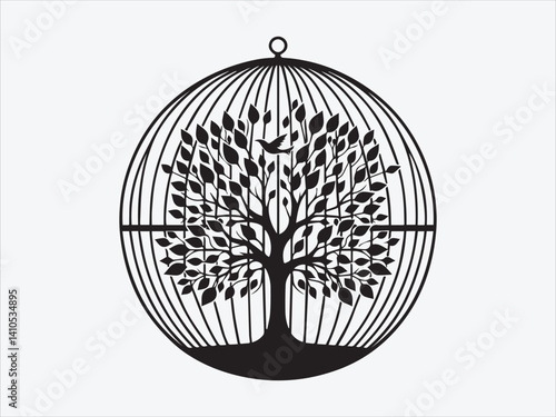 Tree of Life Inside a Cage Silhouette Symbolizing Confinement, Growth, and the Struggle for Freedom in Nature-Inspired Art