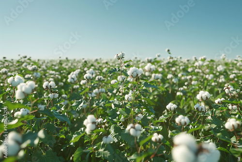 A cotton field with many tall, green plants covered in white, fluffy, bumpy seeds that turn into and material for and fabric, under the clear blue sky.