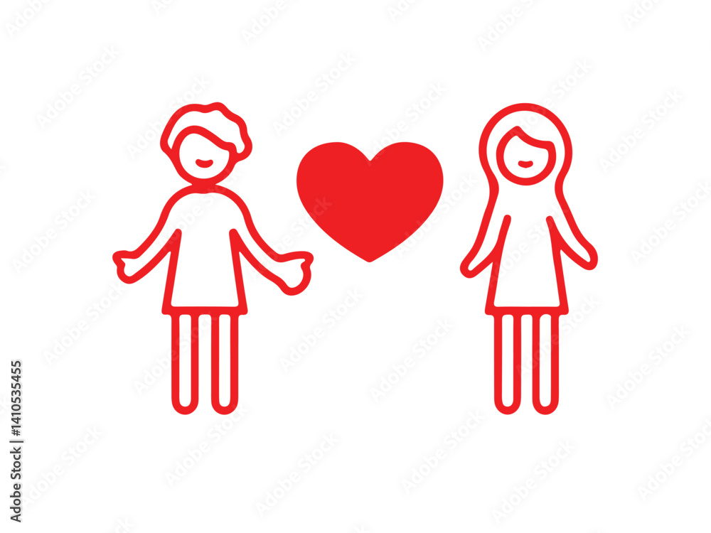 Simple illustration of a boy and girl in love with a red heart. Simple illustration of a boy and girl in love with a red heart.
