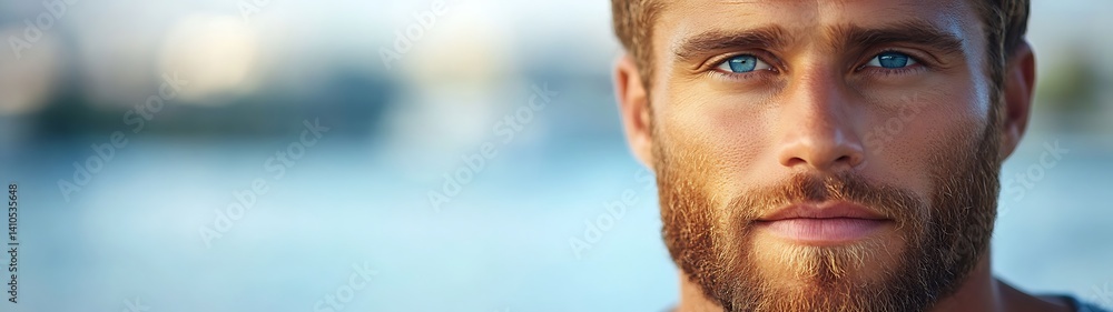 Naklejka premium Man Outdoors, Serious Gaze, Blurred Background