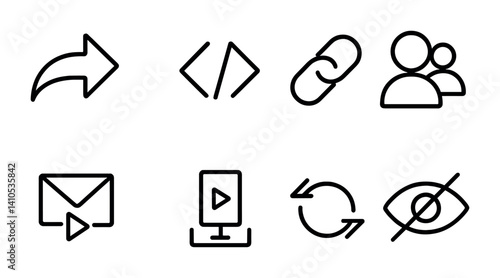 outline vector icons of video sharing: share arrow, embed icon, link icon, social icon, send video, download video, repost icon, public/private toggle. set of line style icons in a modern, minimalist