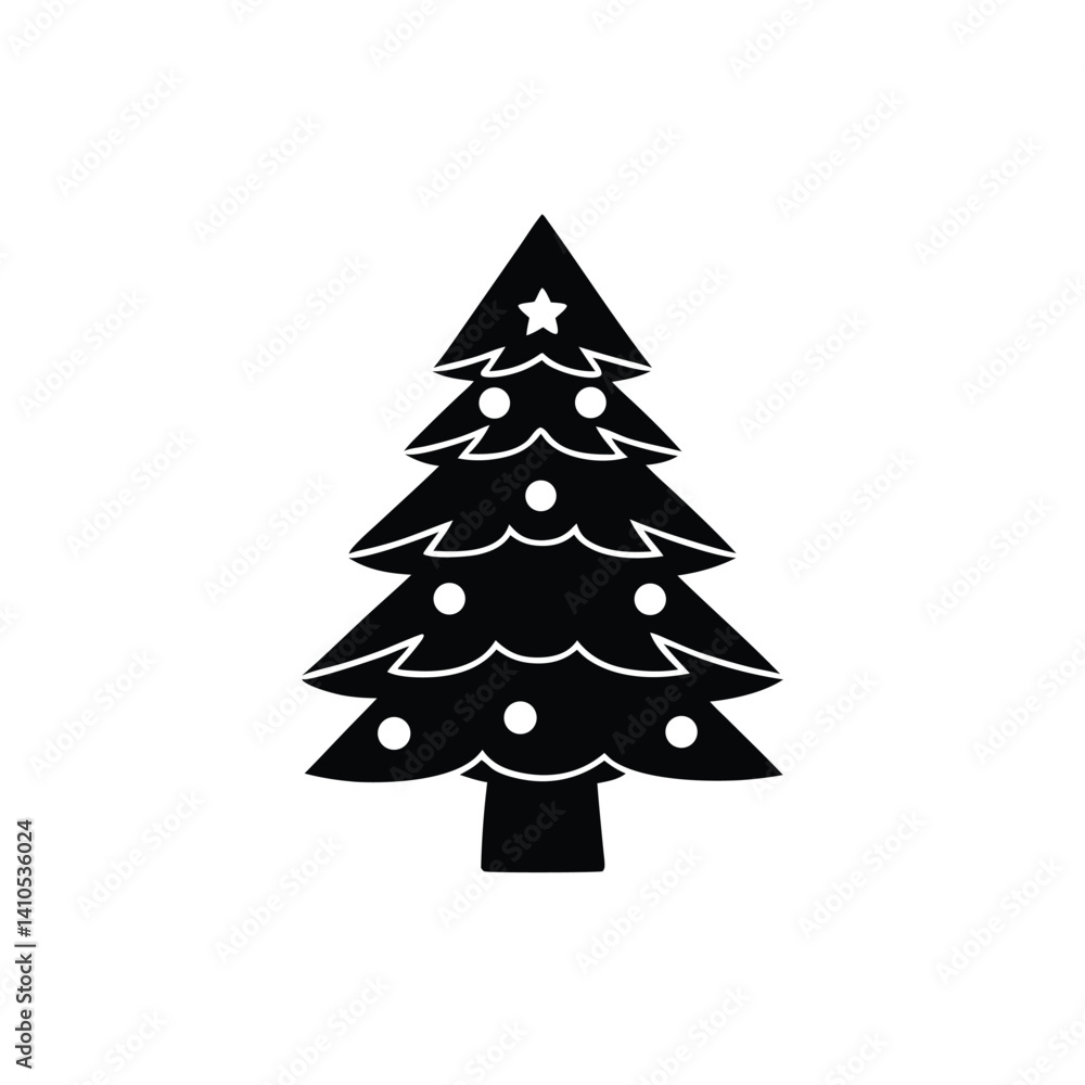 Fototapeta premium Christmas tree icon, decorative pine silhouette with star and ornaments, festive holiday spruce graphic, minimalist vector EPS design element vector