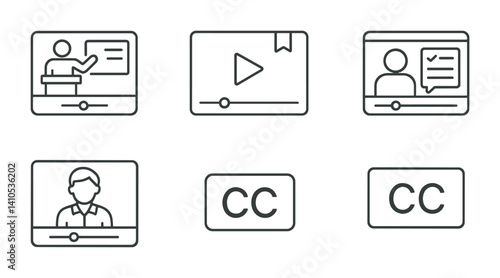outline vector icons of educational video: lecture icon, course video, online class, quiz overlay, whiteboard video, teacher frame, subtitles icon, playback control. set of line style icons in a