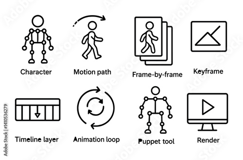 outline vector icons of animated video: character rig, motion path, frame-by-frame, keyframe icon, timeline layer, animation loop, puppet tool, render icon. set of line style icons in a modern,