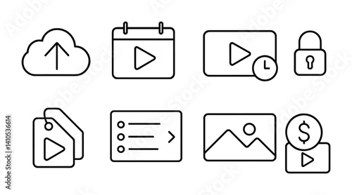 outline vector icons of video publishing: upload button, schedule icon, publish now, privacy toggle, video tag, category menu, thumbnail select, monetization icon. set of line style icons in a modern